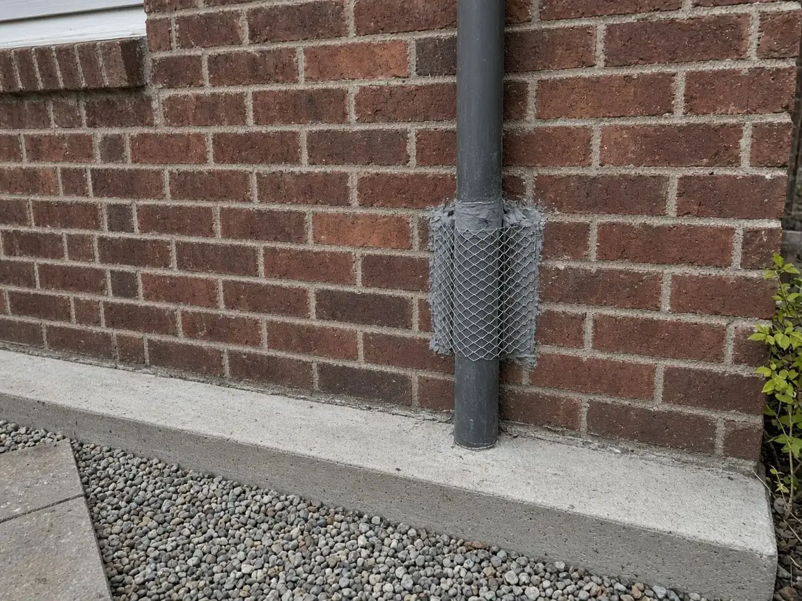 Pipe gap in a brick wall packed with steel mesh and sealed, base swept clean