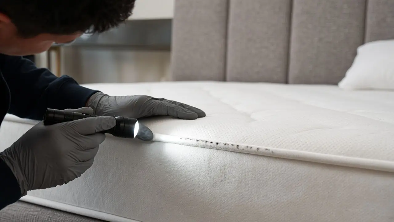 Technician checking a mattress seam for bed bug spots with a flashlight