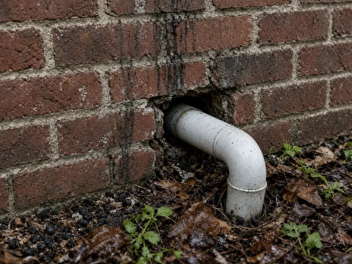 Open gap around a pipe in a brick wall with droppings and leaves at the base