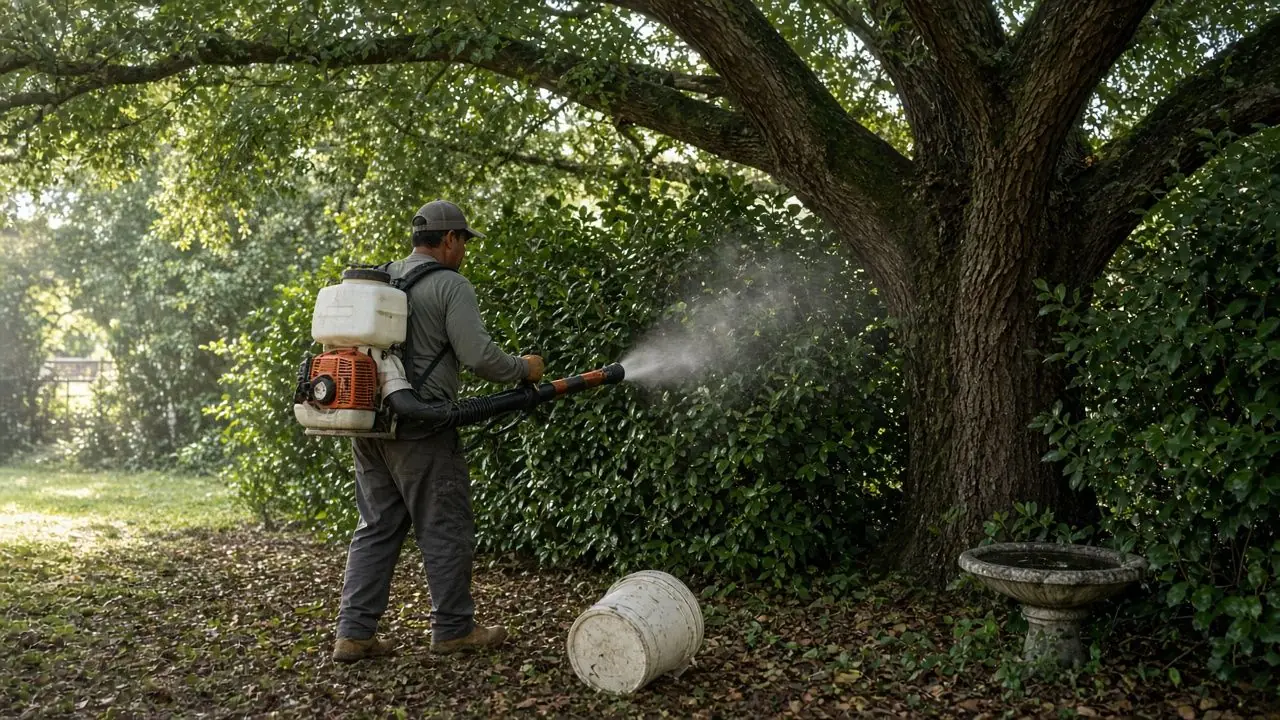 Technician with a backpack mister treating shady shrubs under a big shade tree