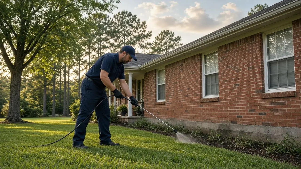 Pest control technician treating the foundation of a red brick ranch home under pecan and pine trees in Paris, TX