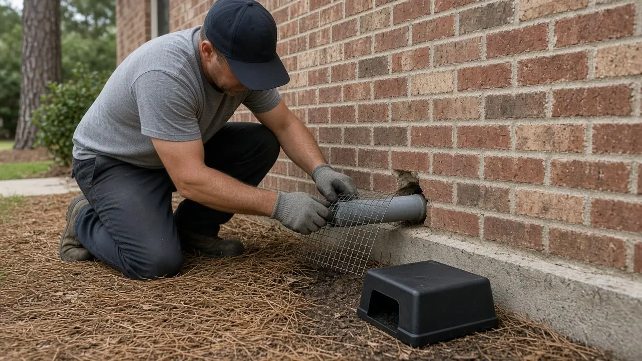 Technician fitting steel mesh around a pipe gap in a brick wall next to a rodent bait station