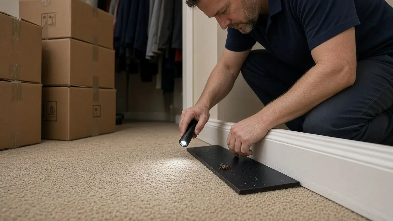 Technician checking a sticky monitor along a closet baseboard for spiders