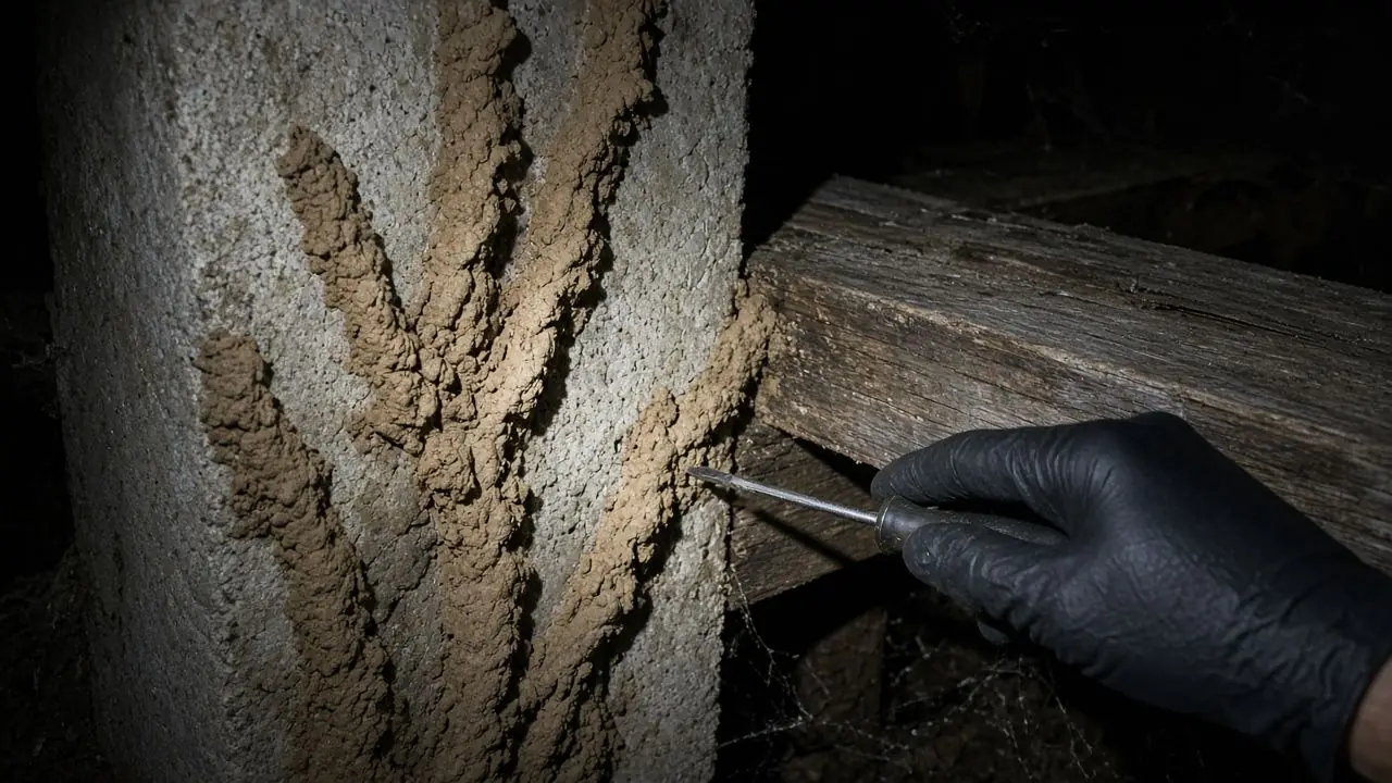 Subterranean termite mud tubes on a concrete pier in a crawl space