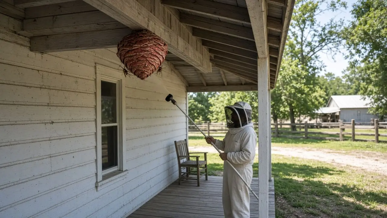 Technician in a protective suit treating a wasp nest under a porch eave